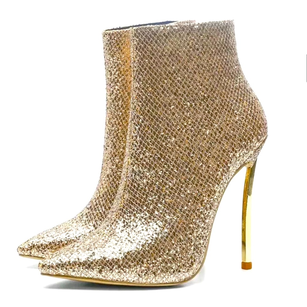Gold sequin stiletto booties.